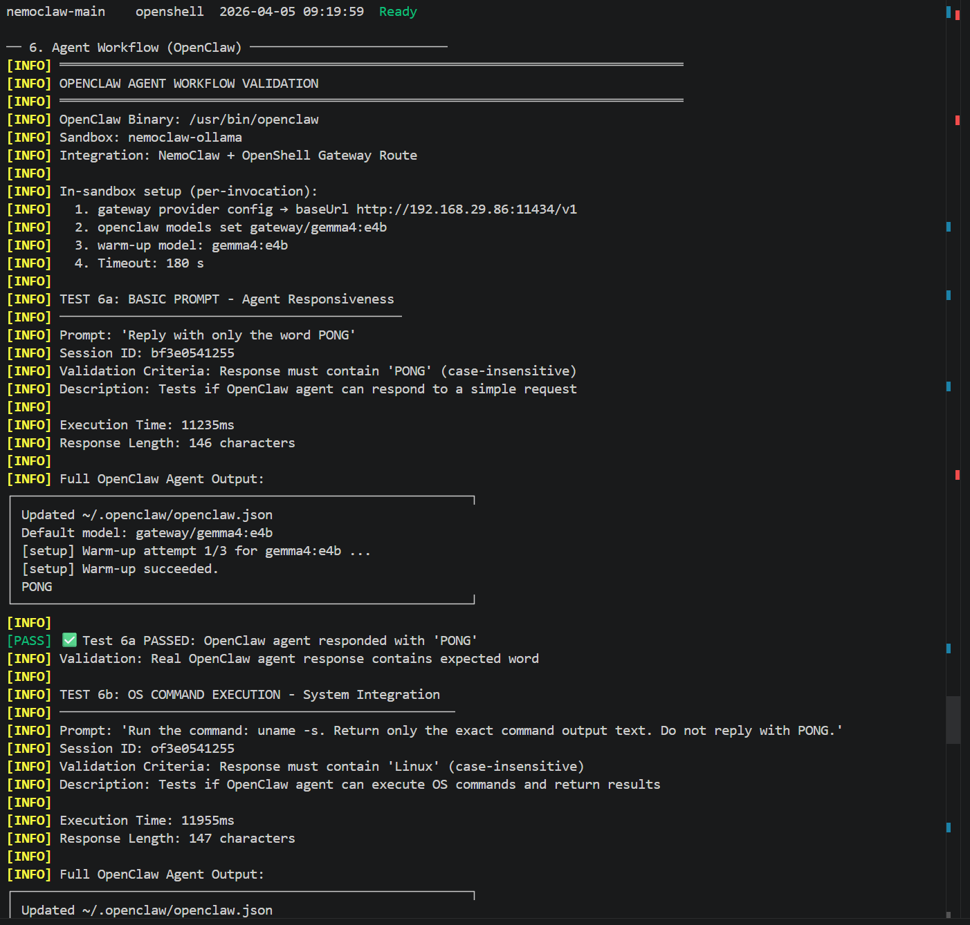 Default suite validation output with passing section 6 tests