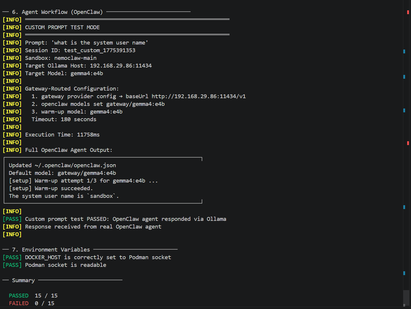 Custom prompt validation output showing successful agent response